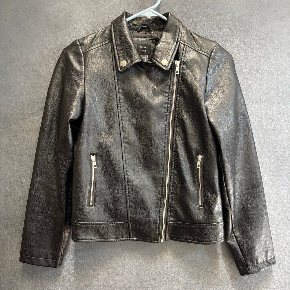 Forever 21 Girls Black Moto Faux Leather Jacket Size 13/14 Biker Rockstar